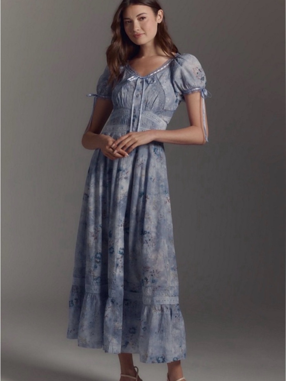 Anthropologie Dusty Blue Floral Puff-Sleeve Maxi Dress XL